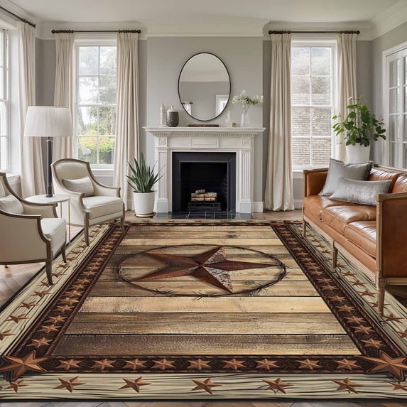 Texas Star Washable Area Rug 6 x 9 ft Farmhouse Country Star, Soft Non Slip Rugs Stain Repellent Indoor Felt Carpet for Living Dining Room Bedroom Home Office