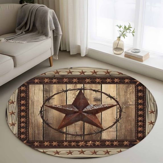 Texas Star Washable Round Area Rug 3 ft, Farmhouse Country Star, Soft Non Slip Rugs Stain Repellent Indoor Felt Carpet for Living Dining Room Bedroom Home Office