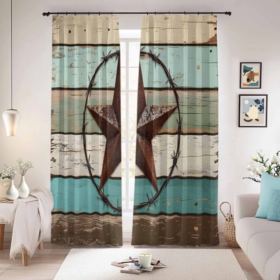 Texas Star Western Blackout Curtains for Bedroom/Living Room, Pinch Pleated Black Out Curtains, Vintage Teal Brown Wooden Farmhouse Room Darkening Window Drapes with Hooks 2 Panels, 39"x70"