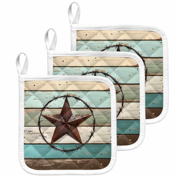 Texas Star Western Pot Holders for Kitchen Heatproof Potholder, 3 Pack Vintage Teal Brown Wooden Farmhouse Hot Pads Multipurpose Oven Pads Cloth Potholders Trivet for Cooking Baking