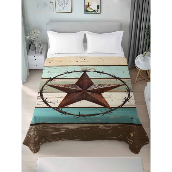 Texas Star Western Queen Size Flat Sheet, Wrinkleproof & Fadeproof Cooling Flat Bed Sheet Only, Vintage Teal Brown Wooden Farmhouse Breathable Soft Bedding Top Sheets 90 x 102 Inches