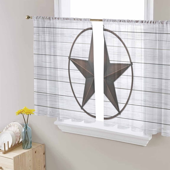 Texas Star Western Sheer Curtains 54 Inches Length 2 Panels Set, Window Sheer Curtains for Living Room/Bedroom, Brown Farm Country Gray Wooden Board Light Filtering Rod Pocket Curtain 52'' x 54'' x 2