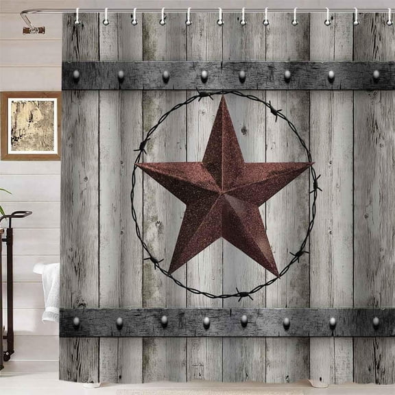 Texas Star Western Shower Curtain, Waterproof Fabric Grey Shower Curtain, Primitive Star Rustic Barn Door Wood Board Wooden Plank Retro Vintage Farmhouse Country Bathroom Decor, 72 X 72 Inch