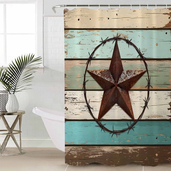 Texas Star Western Small Stall Shower Curtain, Waterproof Shower Curtains for Bathroom, Vintage Teal Brown Wooden Farmhouse Washable Fabric Cloth Bath Curtain for Bathtub with Hooks 36x78 Inches