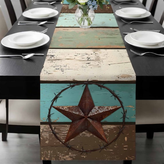 Texas Star Western Table Runner 72 Inches Long, Vintage Teal Brown Wooden Farmhouse Kitchen Coffee Dining Table Decoration for Home Party Birthday Wedding Home Decor 13x72 Inches