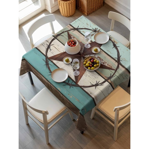 Texas Star Western Tablecloth Square Table Cloth 54x54, Waterproof Tablecloth Outdoor Table Cloth, Vintage Teal Brown Wooden Farmhouse Washable Table Cover for Kitchen Dinning Party