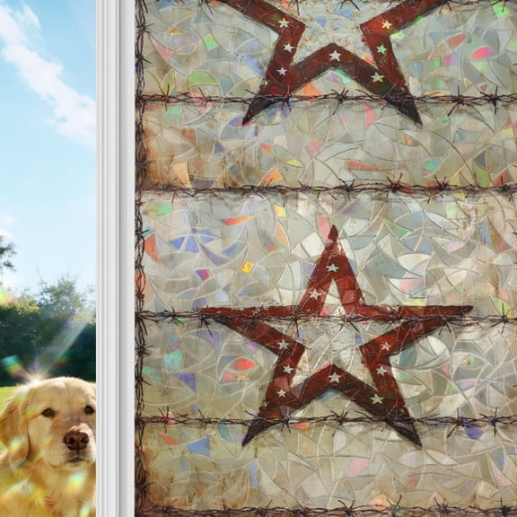 Texas Star Western Window Privacy Film Stain Glass, Reusable Decorative Rainbow Window Film, Country Retro Vintage Non-Adhesive Static Cling Sun Blocking Stickers Decals Covers 17.7" x 39.3" (2pcs)
