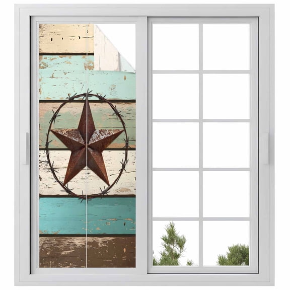 Texas Star Western Window Privacy Film, Vintage Teal Brown Wooden Farmhouse Static Cling UV Sun Blocking Heat Control Window Tint, Non-Adhesive One Way Windows Privacy Cover 29.5''x78.7''