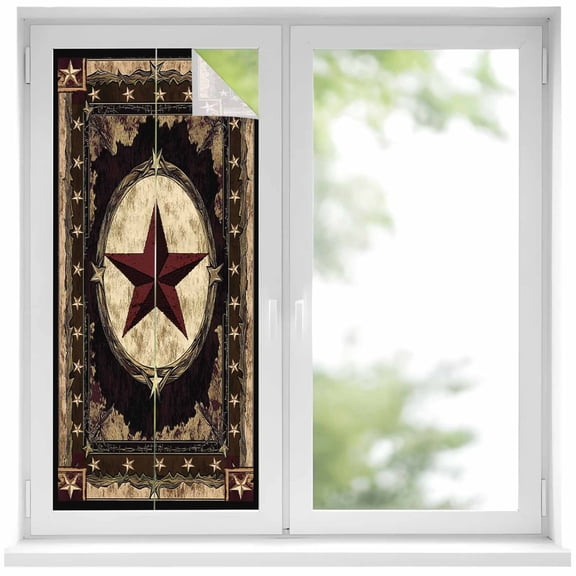 Texas Star Window Privacy Film Western Retro Red Star Rustic Farmhouse Decorative Glass Window Film UV Blocking Static Cling Non-Adhesive Sticker Covering for Home Door 17.7 x 39.3 inches