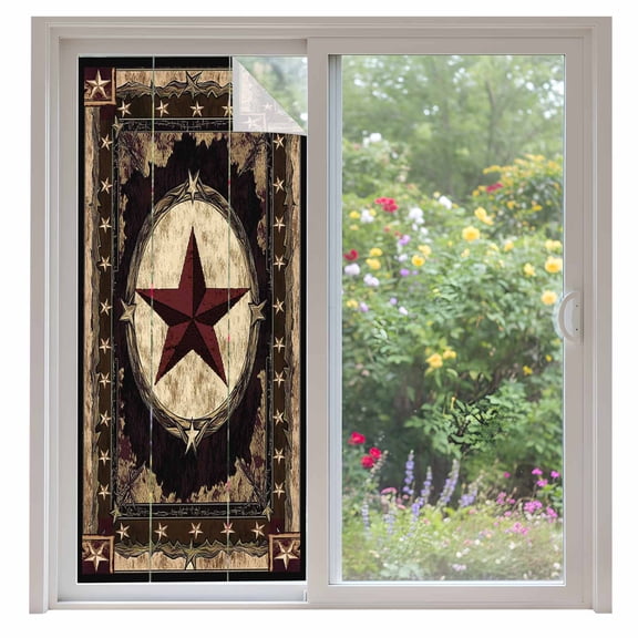 Texas Star Window Privacy Film Western Retro Red Star Rustic Farmhouse Decorative Glass Window Film UV Blocking Static Cling Non-Adhesive Sticker Covering for Home Door 35.4x78.7 inches