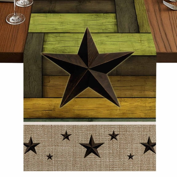Texas Star Wooden Burlap Cotton Table Runner 13x108 Inches Long, Western Stars Farmhouse Wooden Plank Border Farmhouse Table Runners, Outdoor Dining Table Decor for Baby Shower/Party/Wedding