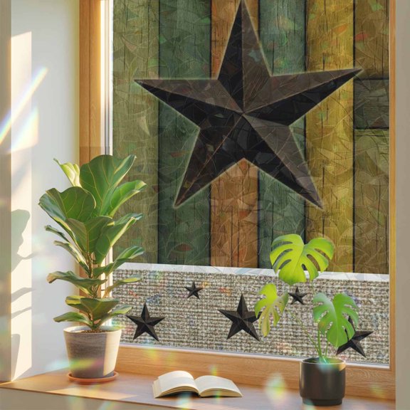 Texas Star Wooden Window Privacy Film Rainbow Static Cling Stain Glass Window Film for Glass Door, Decorative Sunroof Decal Sticker for Car 29.5"x78.7" Western Stars Farmhouse Wooden Plank Border