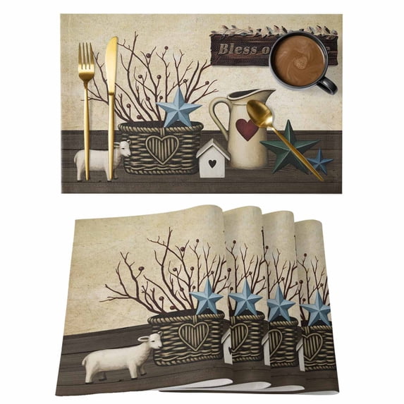 Texas Stars Vintage Placemats Set of 12, Bless OurHome Pots Country Wood Grain Placemats for Dining Table, Place Mats for Kitchen Tabletop, Waterproof Wipeable Dining Table Mats Set