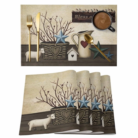 Texas Stars Vintage Placemats Set of 12, Bless OurHome Pots Country Wood Grain Placemats for Dining Table, Place Mats for Kitchen Tabletop, Waterproof Wipeable Dining Table Mats Set