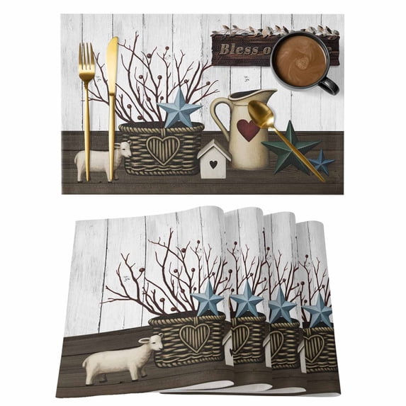 Texas Stars Vintage Placemats Set of 8, Bless OurHome Pots Country Wooden Plank Placemats for Dining Table, Place Mats for Kitchen Tabletop, Waterproof Wipeable Dining Table Mats Set