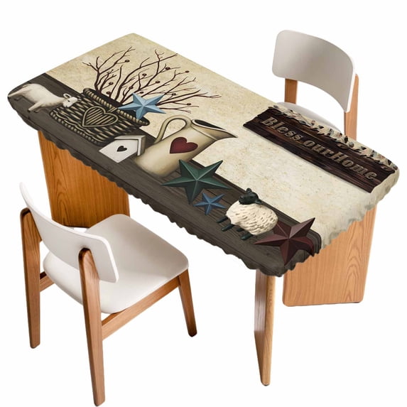 Texas Stars Vintage Table Cloths for 3 Foot Rectangle Tables, Bless OurHome Pots Country Wood Grain Patio Waterproof Elastic Fitted Tablecloths, Washable Rectangular Table Cover for Camping