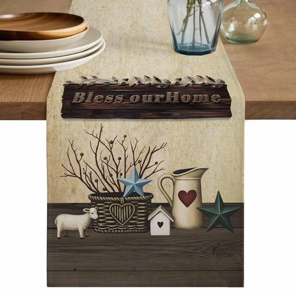 Texas Stars Vintage Table Runner 48 Inches, Bless OurHome Pots Country Wood Grain Bed Runner Dresser Scarves Tabletop for Indoor Outdoor Parties/Ceremony/Banquet, 13" x 48"