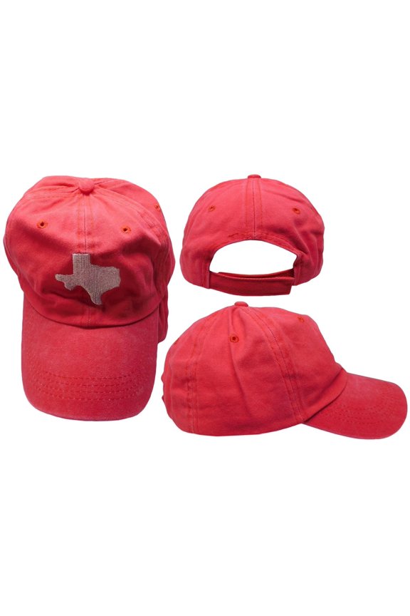 Texas State Map Red / White Washed Adjustable Embroidered Baseball Cap Hat