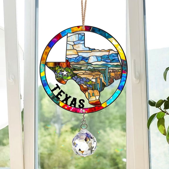 Texas State Outline Acrylic Suncatcher - Bluebonnet & Mockingbird Window Hanging - Texas Home Ornament Gift
