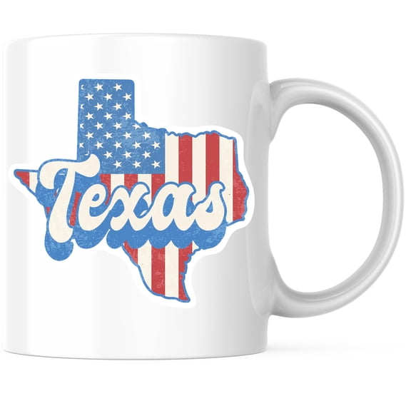 Texas State Outline Coffee Mug - TX State Shape with USA Flag - 11 Ounce Coffee Mug - White Interior & Handle - Choose Your State - Design Printed On Both Sides - Glossy Ceramic - BMCM01168