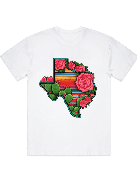 Texas State Shape Cactus Rose Southwestern Style Graphic Tee for Men Women, Cute Desert Flower Short Sleeve T-Shirt, Casual Crew Neck Top for Texas Lover Gift