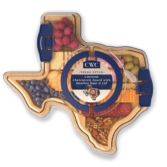 Cook With Color Texas State Shaped Charcuterie Board with Cover – 3 Compartments, Bamboo with Built-In Handle
