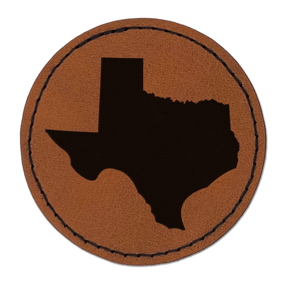 Texas State Silhouette 2.5" Faux Leather Round Engraved Iron-On Patch - Brown