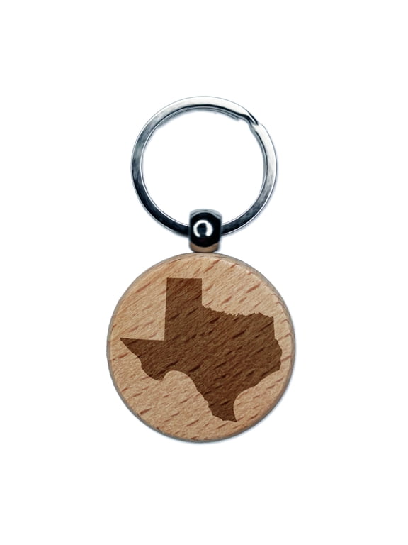 Texas State Silhouette Round Keychain Charm Tag - Engraved Wood