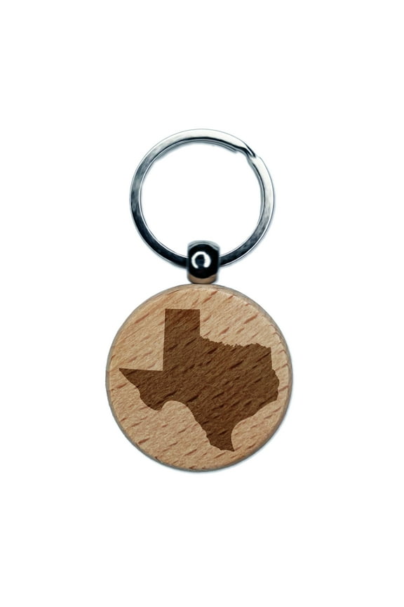 Texas State Silhouette Round Keychain Charm Tag - Engraved Wood