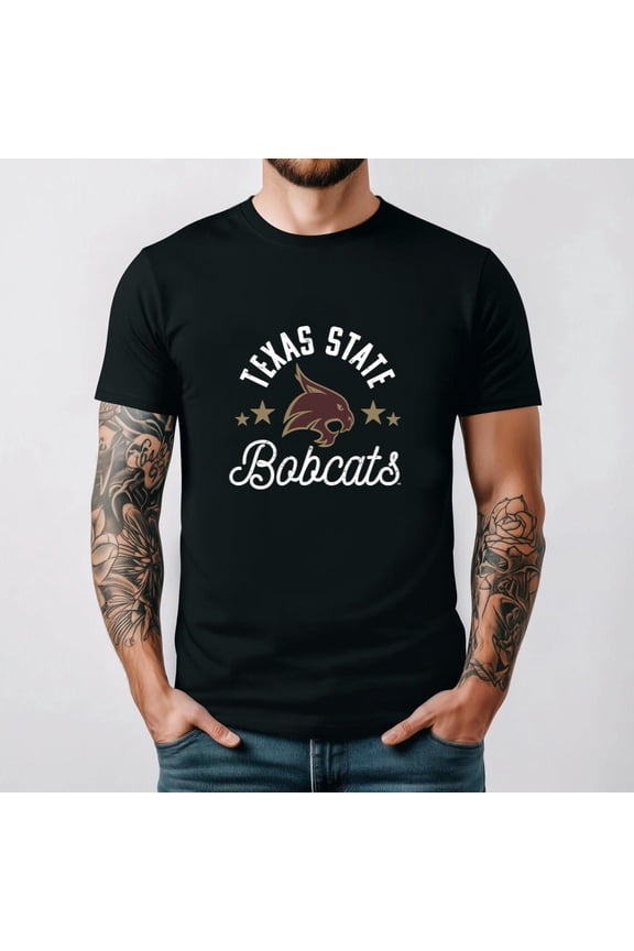 Texas State University Bobcats College Logo Graphic Fan Student Unisex T-Shirt, for men & women, up to size 5XL.