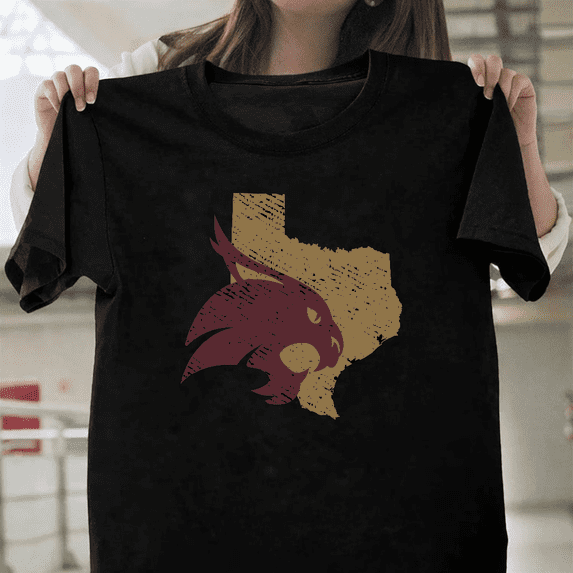 Texas State University Bobcats State Shape Fan Unisex T-Shirt, up to size 3XL.