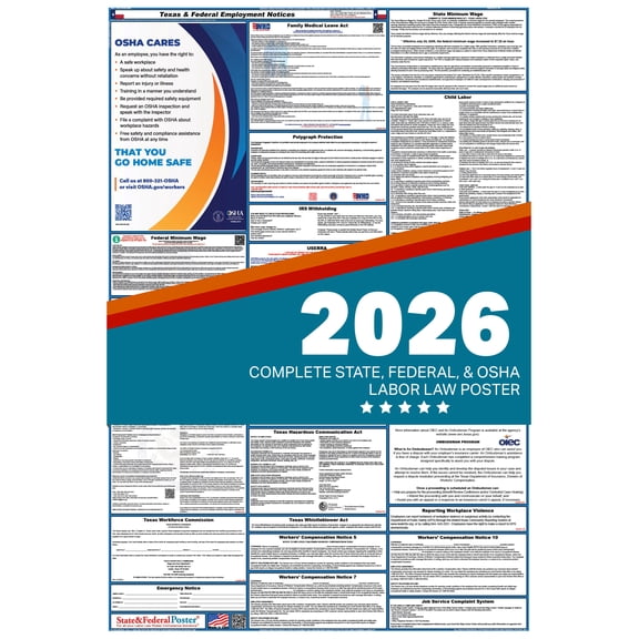 Texas State and Federal Labor Law Poster 2026 , All In One | English-Paper