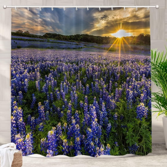 Texas Sunset Landscape Decorative Shower Curtain, Wildflowers Bluebonnets Shower Curtain Cute Long Wide Shower Curtain with Rust Proof Grommets for Bathroom Farmhouse Waterproof Washable