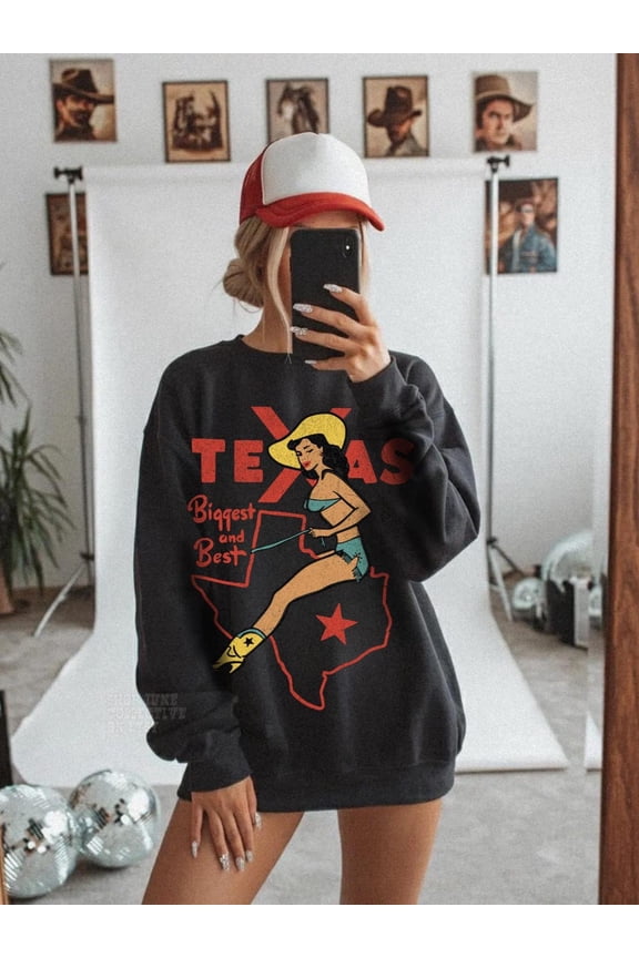 Texas Sweatshirt UNISEX Vintage Texas Cowgirl Crewneck Texas Map Shirt Lone Star State Retro Pin Up Cowgirl Western 90s Grunge Rodeo Sweatshirt All Size S-5XL