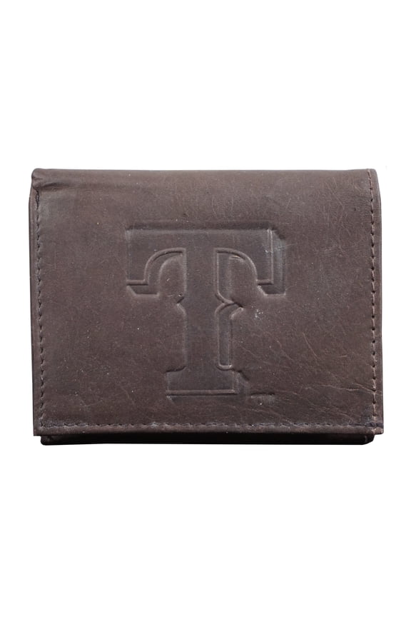 Texas TX Baseball Rangers Distressed Look Embossed Logo Dark Brown Leather Trifold Wallet
