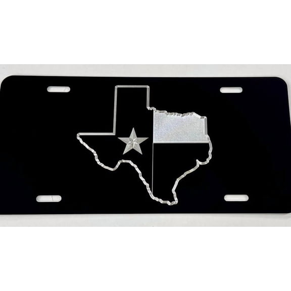Texas TX State Flag License Plate Car Tag Diamond Etched Engraved on Black Metal