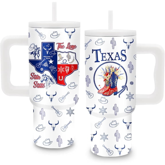 Texas Themed Gifts - 24 oz Texas Tumbler with Handle and Straw, Insulated Stainless Steel Cup, Leakproof, Stylish Cowboy Texases Design Travel Mug for Women, Fits Car Cup Holders, Keeps Drinks Cold