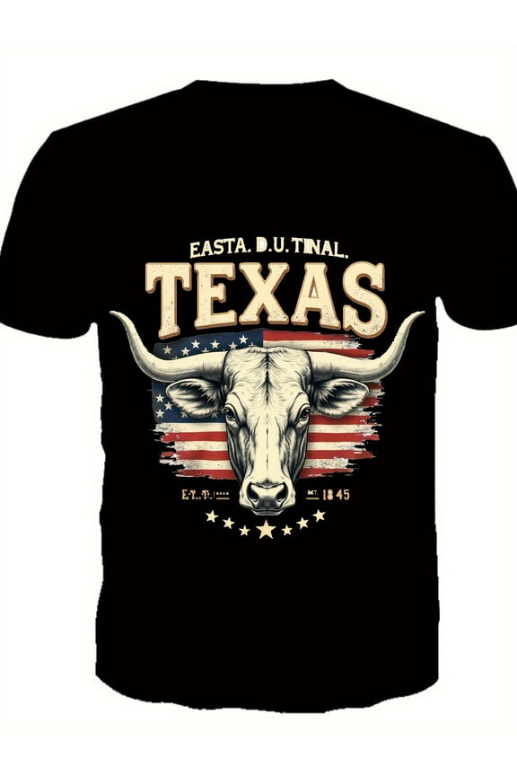 Texas USA Flag Longhorn Graphic T-Shirt - Men'S Black Ch American Flag & Longhorn Design, Casual Summer Holiday Top, Casual Summer Wear | Patriotic Design | Comfortable Fit, Texas Apparel
