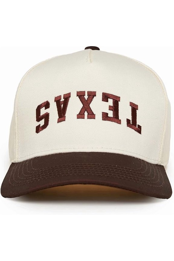 Trucker Hat – Vintage Two-Tone Snapback Baseball Cap with Embroidered Design - Texas (Upside Down) - Brown/Beige