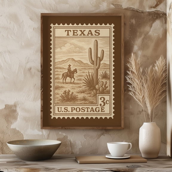 Texas Vintage Postage Stamp Wall Art Sepia Cowboy & Desert Scene Poster Retro Western Home Decor, Unframed Poster Size 8x12