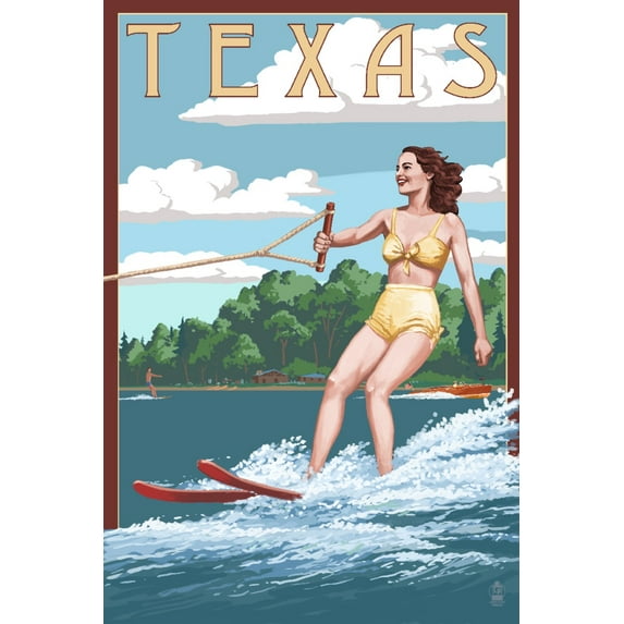 Texas, Water Skier and Lake (9x12 Wall Art Print, Home Decor)