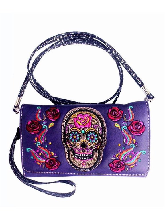 Flora Sugar Skull Embroidery Women's Multi-way Wallet in Multi Colors