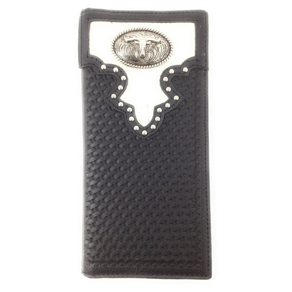 Texas West Genuine Leather Basketweave Longhorn Metal Concho Men's Long Bifold Wallet