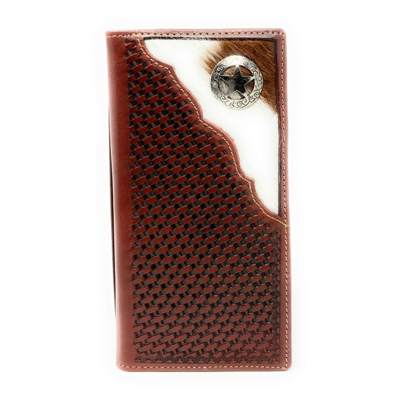 Texas West Men's Cow Fur Cowhide Genuine Leather Chrome Star Basketweave Bifold Wallet in 3 Colors