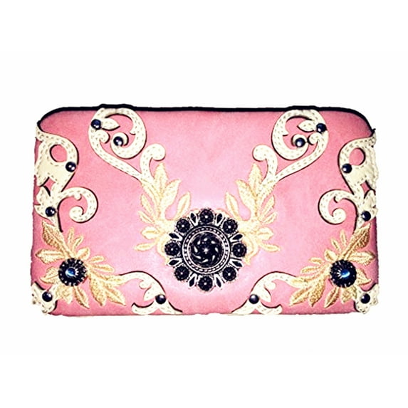 Texas West Rhinestone Concho Floral Embroidered Leather Clip Womens Wallet In Multi Colors