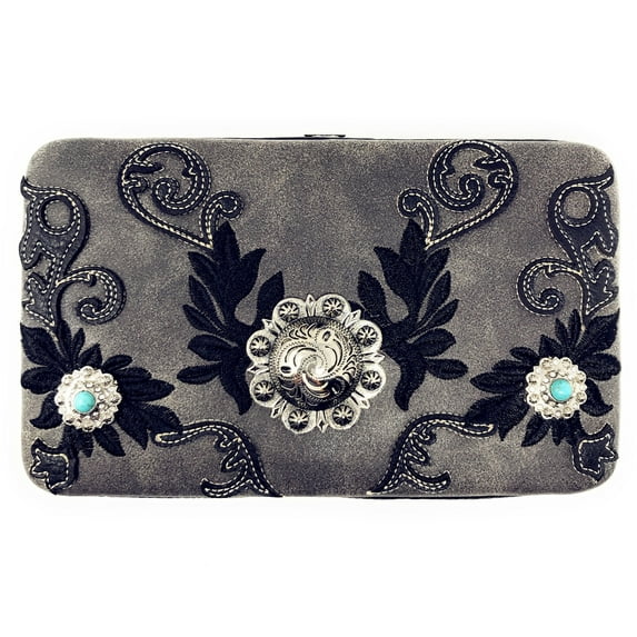 Texas West Rhinestone Concho Floral Embroidered Leather Clip Womens Wallets