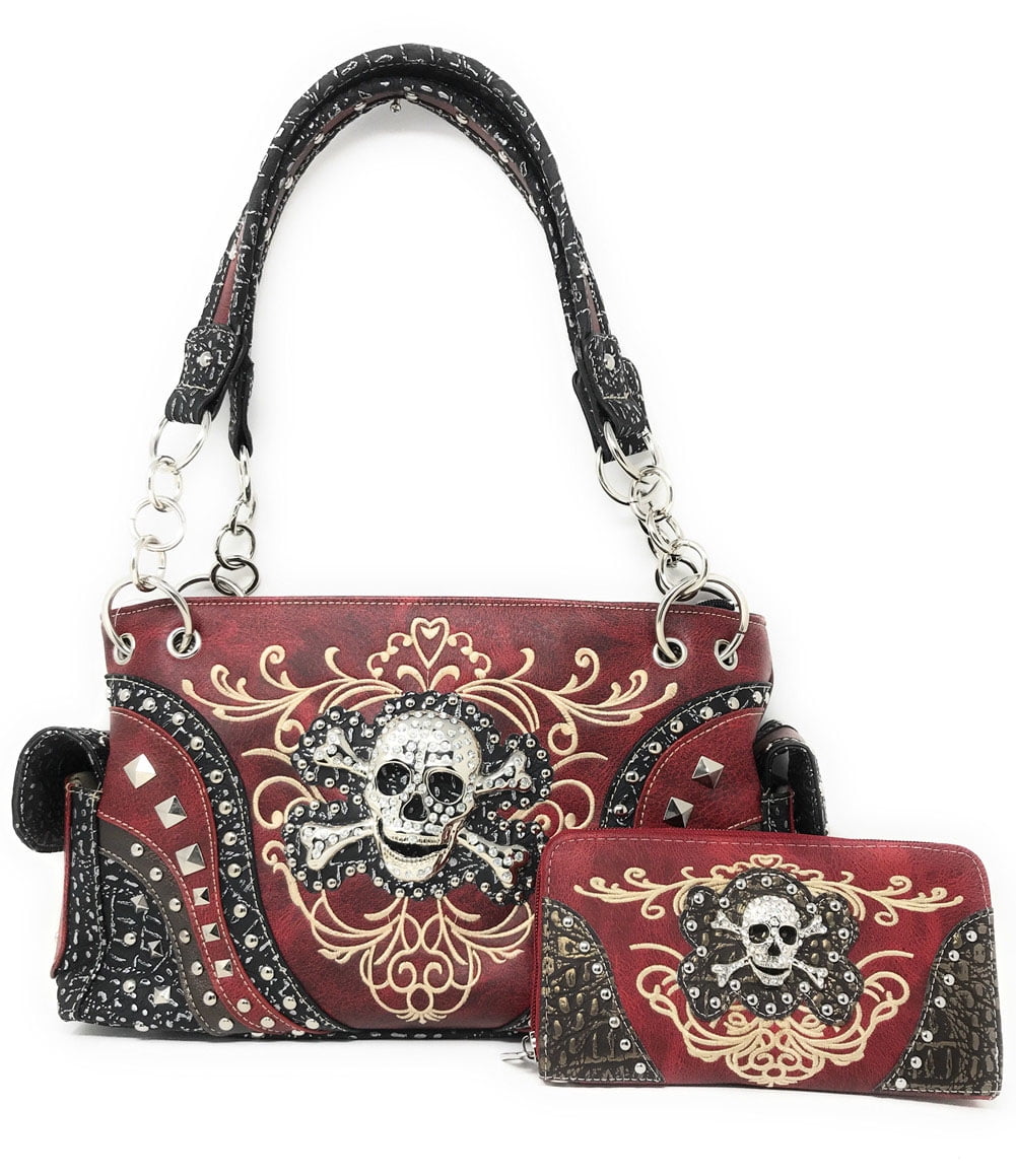 Texas West Rhinestone Embroidered Metal Skull Leather Women s Handbag With Matching Wallets in 7 Colors. Walmart