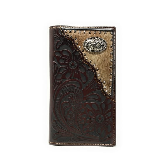 Texas West Tooled Genuine Leather Cowhide Cow Fur Rodeo Men's Long Bifold Wallet in 3 Colors