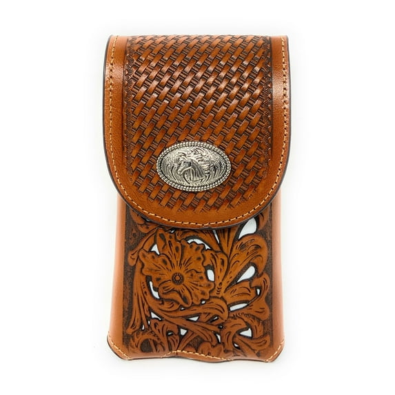 Texas West Western Cowboy Tooled Floral Leather Horse Concho Belt Loop Cell Phone Holster Case in 4 Colors