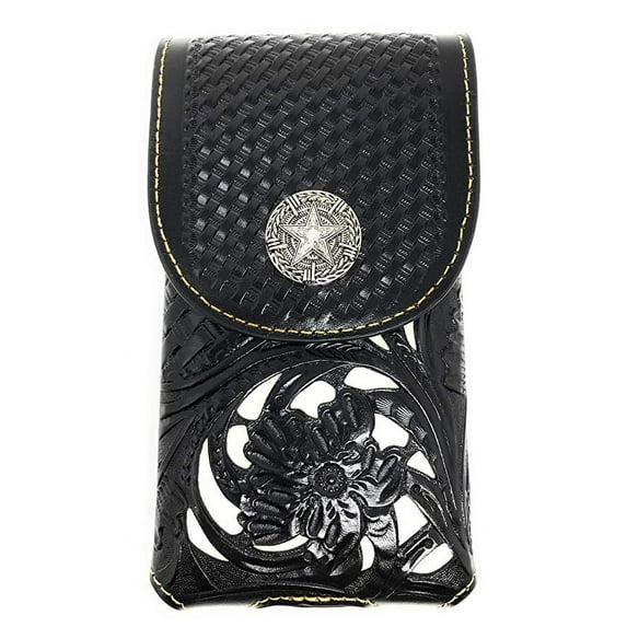 Texas West Western Cowboy Tooled Floral Leather Lone Star Concho Belt Loop Extra Large Cell Phone Holster Case